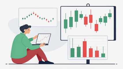 investor opportunity stocks successful goals concept. Person analyzing financial data on digital screens and tablet.