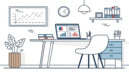 investor opportunity stocks successful goals concept. Modern office workspace with charts, plants, and stylish furniture.