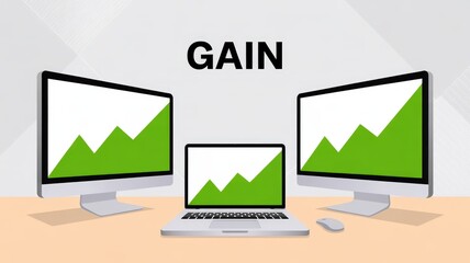 investor opportunity stocks successful goals concept. Illustration of screens showing growth graphs and the word "GAIN.