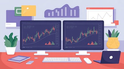 investor opportunity stocks successful goals concept. Dual monitors displaying financial graphs on a modern desk setup.