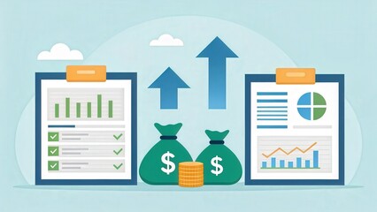 investor opportunity stocks successful goals concept. Financial growth and analysis with charts and money bags.