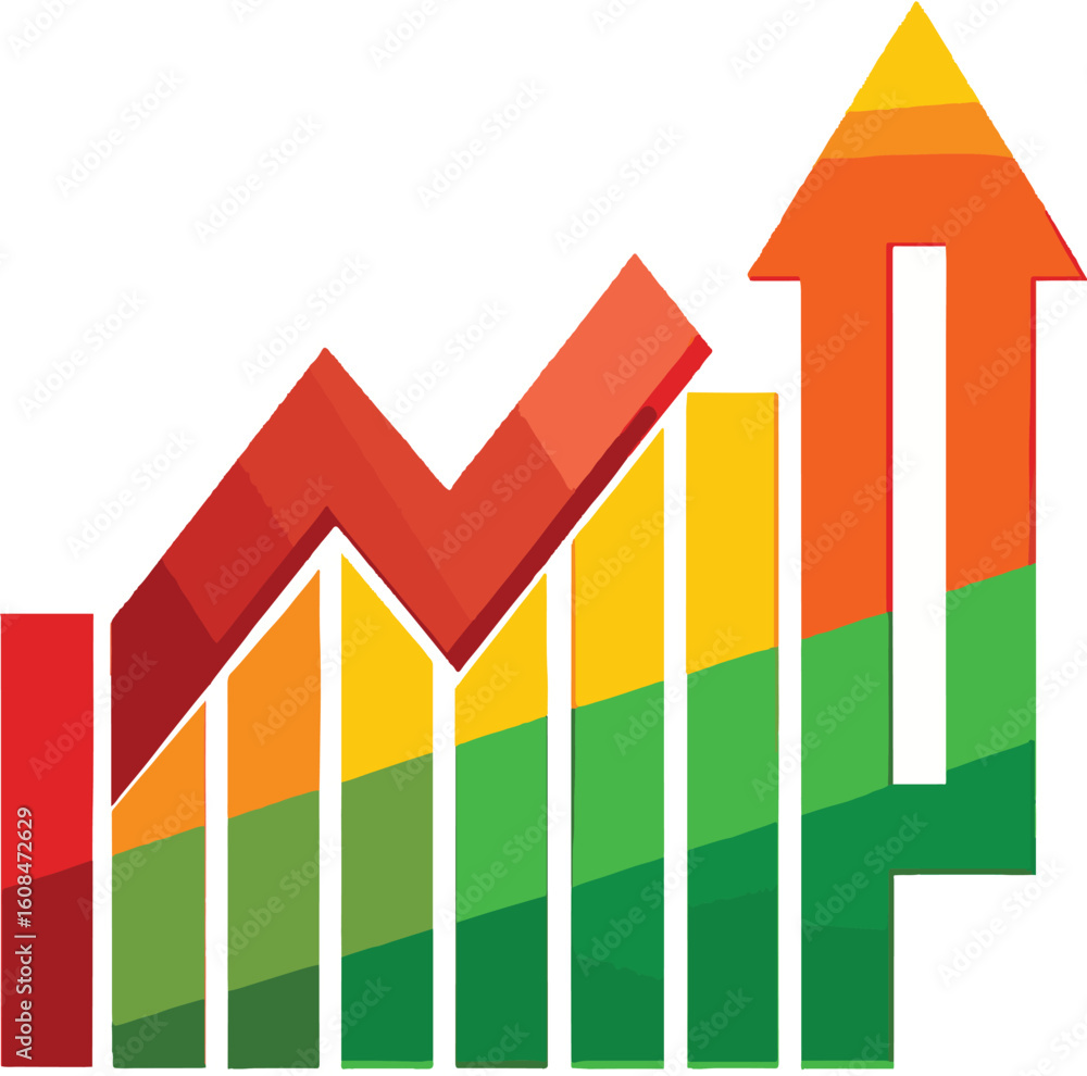 Poster colorful bar graph with upward trending arrow and diagonal lines on white background chart
