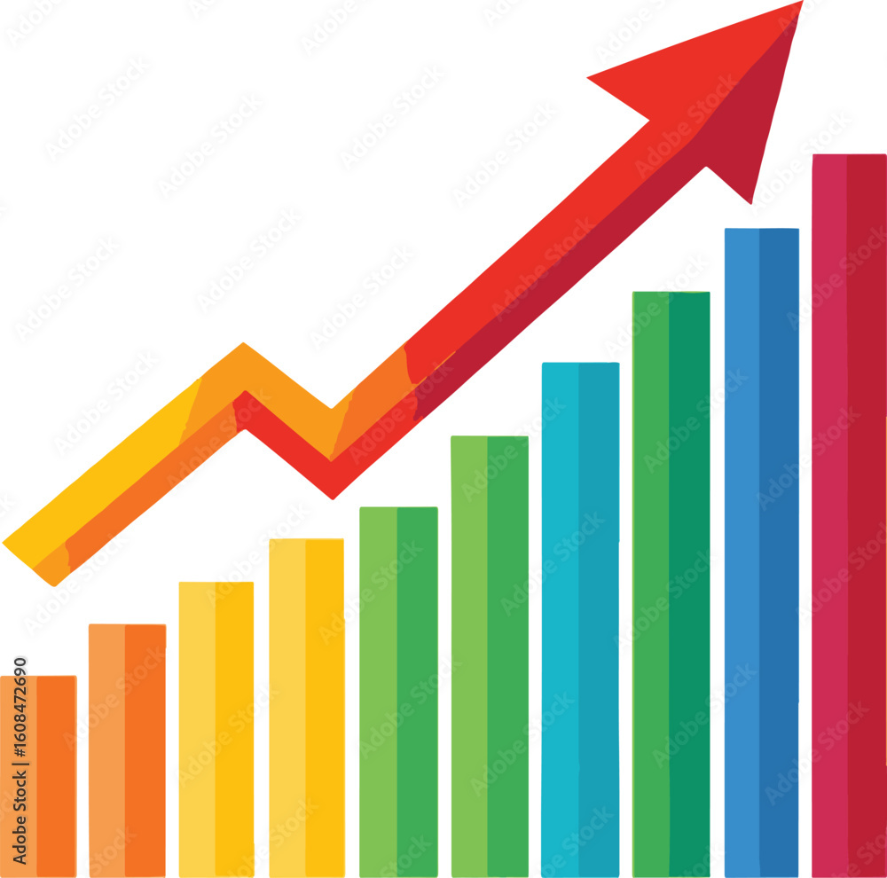 Poster colorful bar graph with upward trending red arrow and clipping path on white background