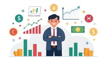 investor opportunity stocks successful goals concept. Businessman with financial graphs and currency symbols in the background.