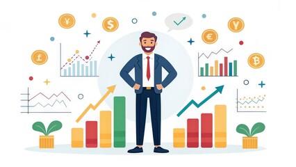 investor opportunity stocks successful goals concept. Businessman standing confidently amidst colorful financial charts and graphs.