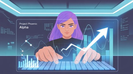 investor opportunity stocks successful goals concept. Digital illustration of a woman analyzing data on a futuristic interface.