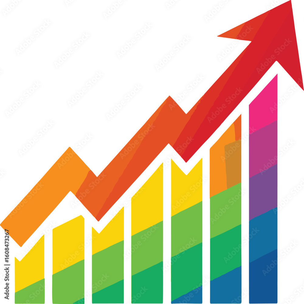Poster colorful bar graph with red arrow pointing upwards on white background chart increase