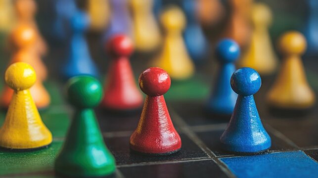 A close-up of a chess board with colorful wooden pawns on a green and black checkered surface.
