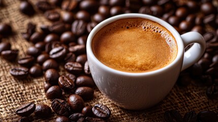 A cup of coffee with a frothy top and a pile of coffee beans on a burlap background.