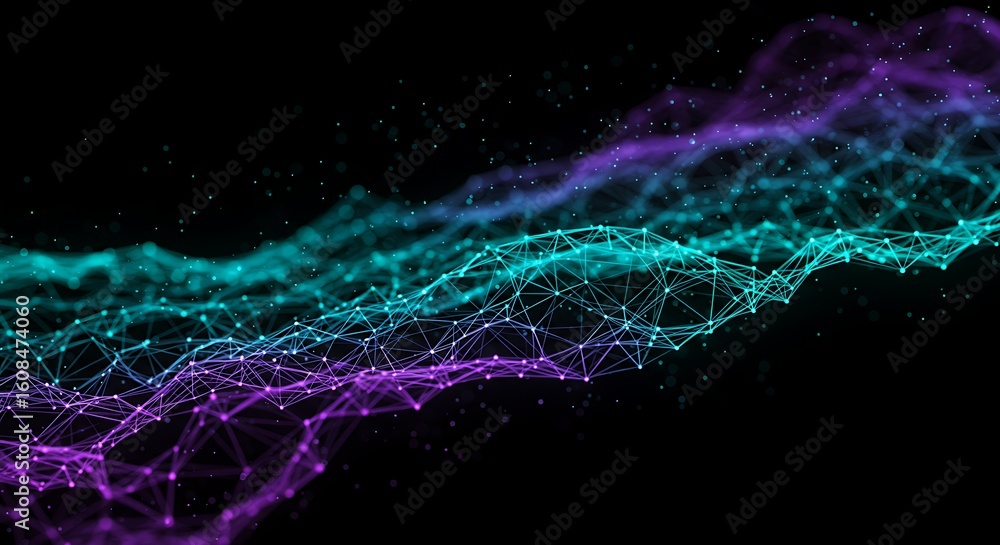 Poster vibrant futuristic network connections with glowing nodes for modern tech and science concepts