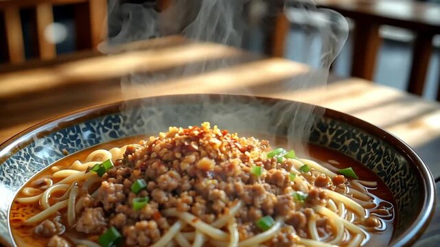 Steaming hot bowl of dan dan noodles with minced meat, chili oil, chopped scallions and spices, served on a wooden table