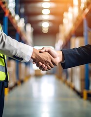 Business handshake in a warehouse.  Two people shake hands