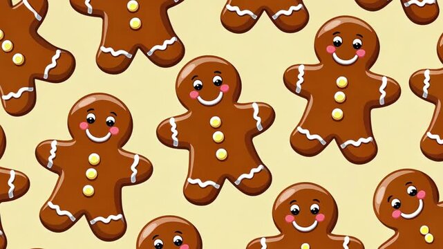 Seamless pattern of cute cartoon gingerbread men smiling on a yellow background, ideal for christmas themed projects