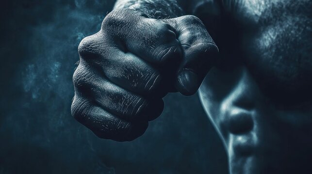 A muscular man with tattoos on his arms and chest, holding a clenched fist in a dark, dramatic pose against a dark, textured background.