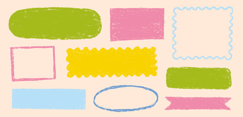 Crayon color pastel shape set. Hand drawn kid color frame, round banner, square stamp with chalk pencil texture decoration. Cute childish paint circler, square crayon shapes. Vector illustration