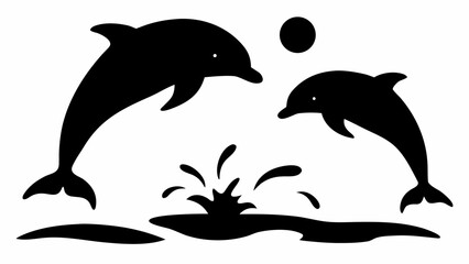 Fototapeta premium Silhouette of two dolphins leaping from the water with a splash and a sun in the background design is cool | editable eps vectors