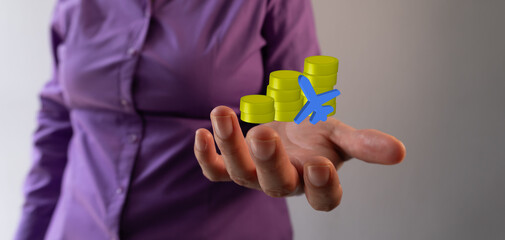 Woman holding a 3D icon of sharp coins with an airplane. Concept of saving for a plane ticket.