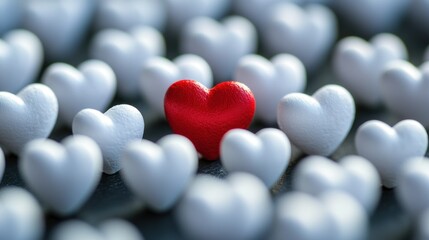A red heart surrounded by white hearts on a black background. The concept of love and unity.