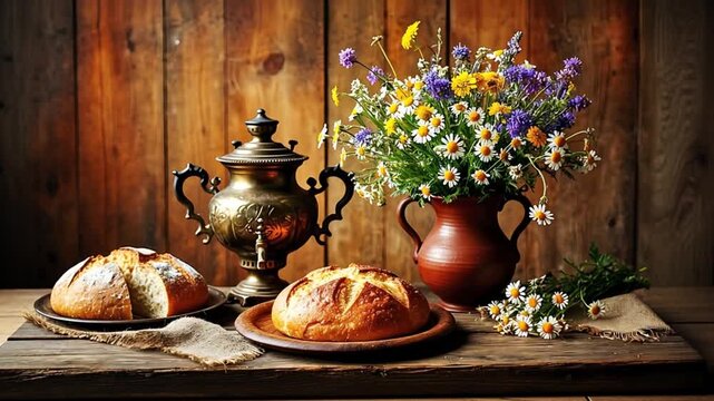Still life with two loaves of bread, a samovar and a bouquet of wildflowers in a rustic setting
