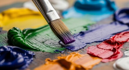 Fototapeta premium Close-up of a paintbrush mixing vibrant colors on an artist's palette