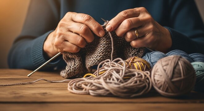 Close-up of elderly hands knitting with yarn balls on a wooden table
