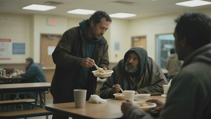 Volunteer serving food to individuals in a community dining hall