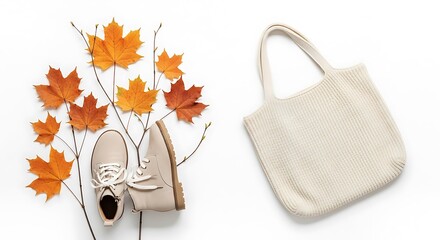 Beige ankle boots and cream knit tote bag with autumn maple leaves fall orange
