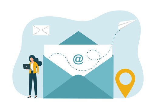 Woman using laptop computer and writing mail. Contact us banner. Concept of online support, customer support, email marketing.