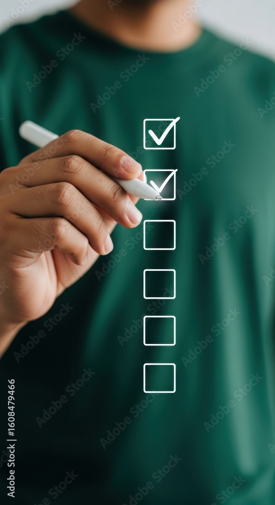 Poster close-up of hand marking digital checklist for task completion. organized productivity with green an