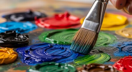 Close-up of vibrant oil paints on palette with brush mixing vivid colors