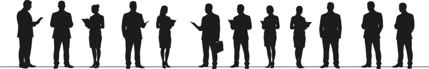 Silhouette vector illustration of business professionals standing in line, holding documents, talking, in formal attire for office and corporate use