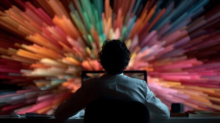 Dynamic workplace with businessman having a vibrant computer screen for head radiating creative energy