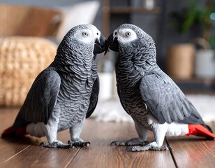 Two gray parrots face each other, beaks nearly touching, on a wooden floor.  Blurred background of home decor