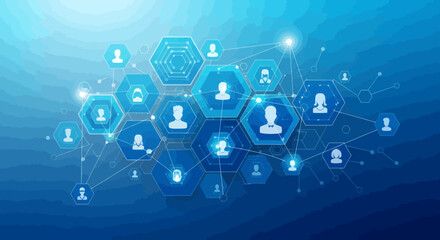 Blue hexagons with person icons linked by lines on a graduated blue background