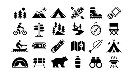 Black camping and outdoor activity icons including tent, kayak, hiking boots, compass, and campfire.

