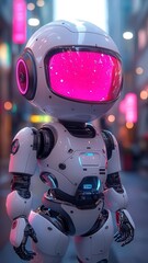 Futuristic robot with a glowing pink visor stands in a vibrant urban setting, embodying innovation and technology in a visually striking, colorful environment.