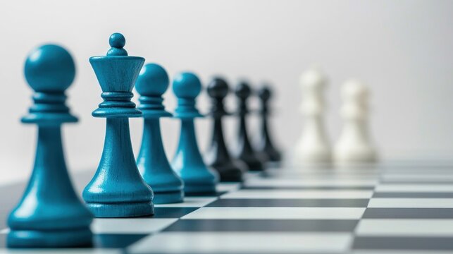 A chess board with blue and white chess pieces on a white background.