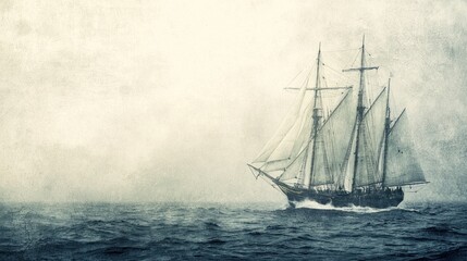 A tall ship with three masts sailing on a rough sea under a cloudy sky.