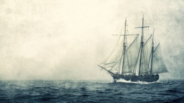 A tall ship with three masts sailing on a rough sea under a cloudy sky.