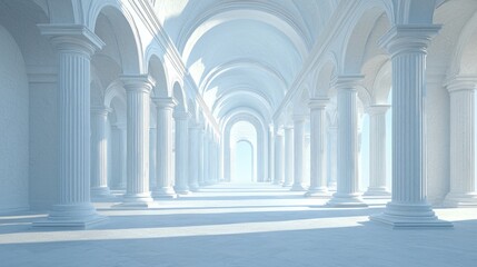 A grand, white, classical architectural hall with columns and arches, illuminated by sunlight, featuring a clean and serene atmosphere.