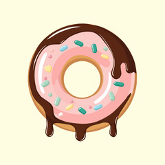 Vector illustration of a cute donut with dripping melted chocolate glaze and colorful pastel sprinkles.
