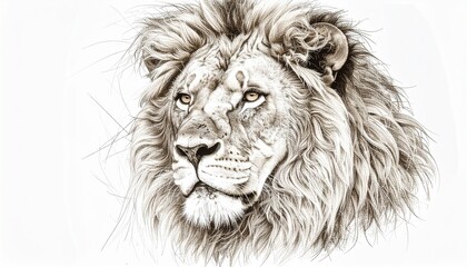 Detailed Lion Portrait Illustration, Wildlife Art on White Background