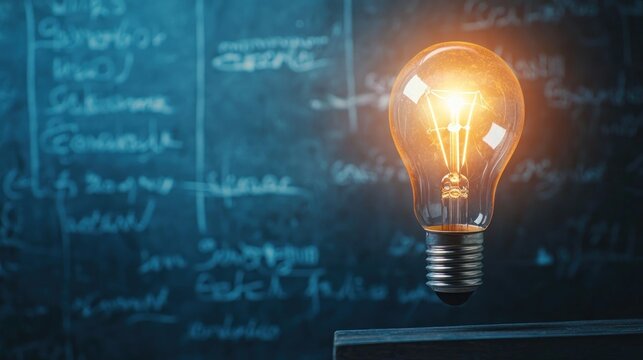 A glowing light bulb against a chalkboard background with mathematical equations and formulas written in chalk. - Powered by Adobe