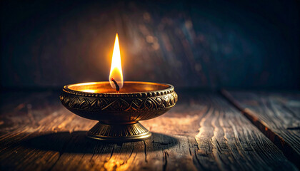 Golden Brass Diya on Rustic Wooden Surface. Diwali Festival Concept. Generated Image