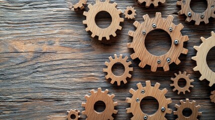 A wooden table with a collection of wooden gears on it.