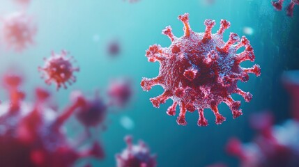 A red and green virus floating in a blue liquid with a blurred background.