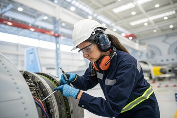 A woman in a blue jumpsuit is working on an airplane engine