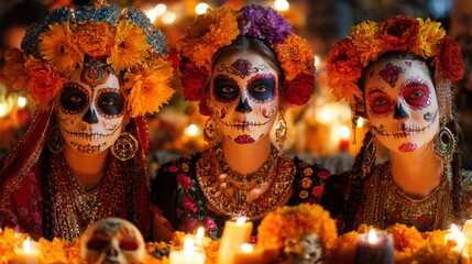Celebrating dia de los muertos with colorful face paint and flowers mexican altars cultural event vibrant atmosphere close-up festivity