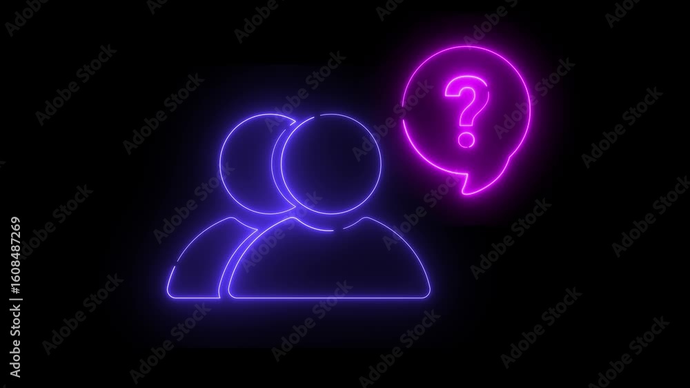 Poster neon light effect animation of a two-person icon with a question mark, black background