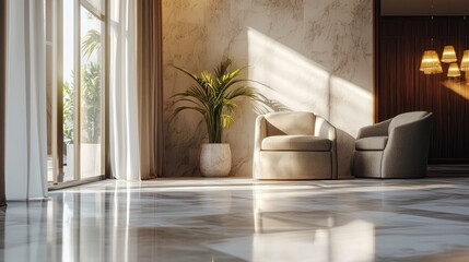 A modern, minimalist living room with a large window, marble walls, and a wooden floor. The room features two beige armchairs, a potted plant, and a hanging lamp.